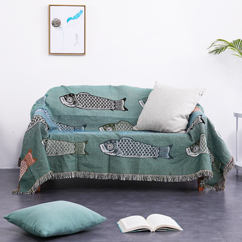 Koi Fish Jacquard Woven Throw  - Boho Throw Blanket Fringe recension och pris