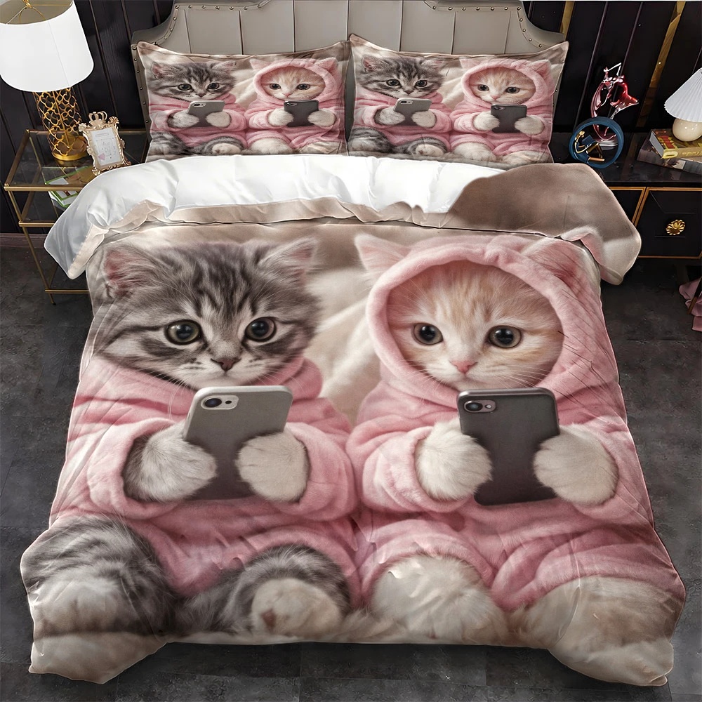 3Pc Cute Cat Playing with Phon - Duvet Cover Sets With Zipper recension och pris