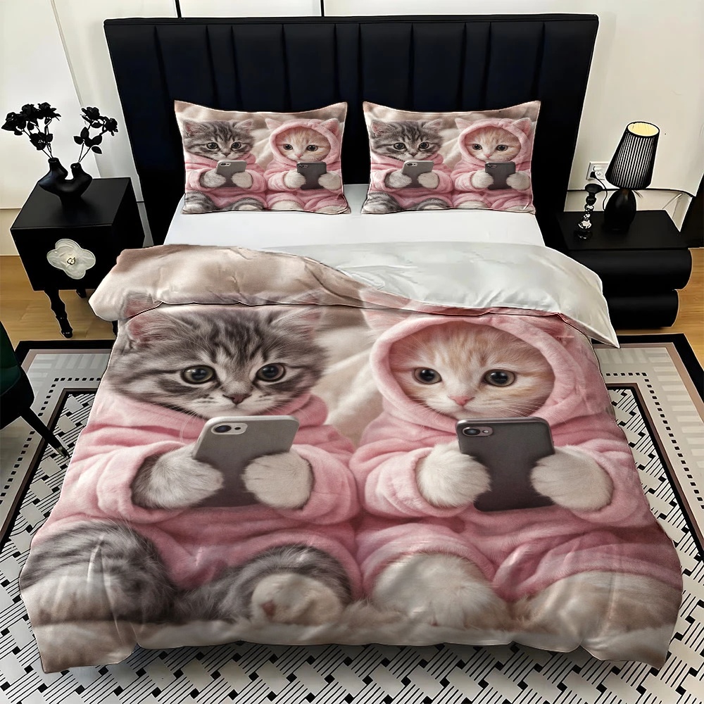 3Pc Cute Cat Playing with Phon - Duvet Cover Sets With Zipper recension och pris