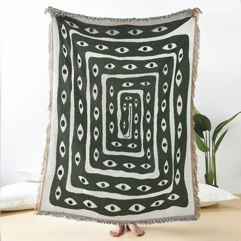 Green White Evil Eye Jacquard  - Boho Throw Blanket Fringe recension och pris
